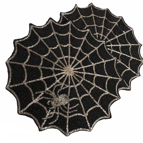 Nicole Miller Beaded Halloween Spiders web Charger 2 Placemats Spooky Spiderweb